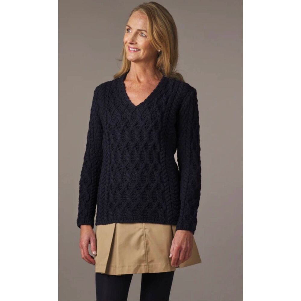 Aran Sweater Market Ireland Lattice Cable V Neck Virgin Wool Sweater Navy Medium